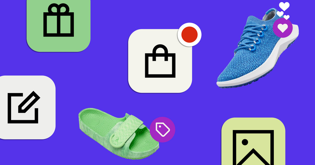 紫色背景上的移动应用程序图标和鞋子