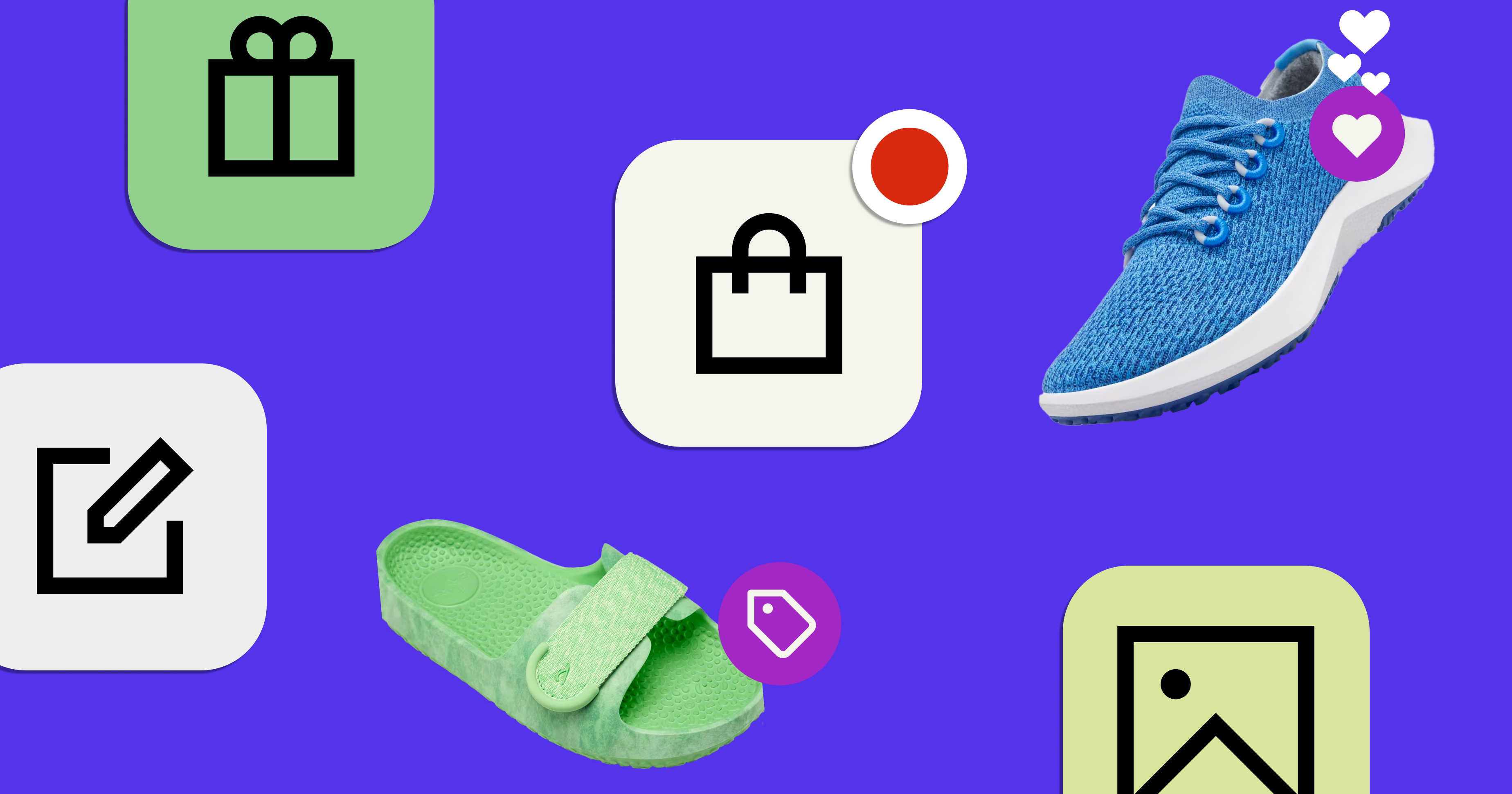 mobile app icons and shoes on a purple background
