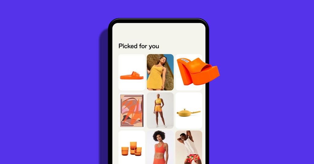 Orange apparel products displayed in a grid within a mobile device
