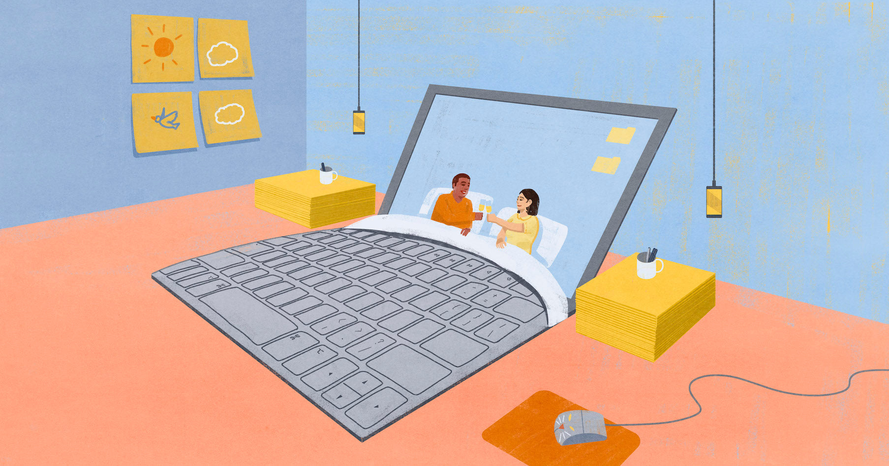 Illustration of a couple in a bed, that is actually a laptop, the screen is the headboard and the key pad is the bed and blanket. They are toasting a glass of champagne. The side tables are post-it note pads, the lights are hanging iphones and there are post-it note artworks on the walls. This is a metaphor for couples who are life and business partners. 