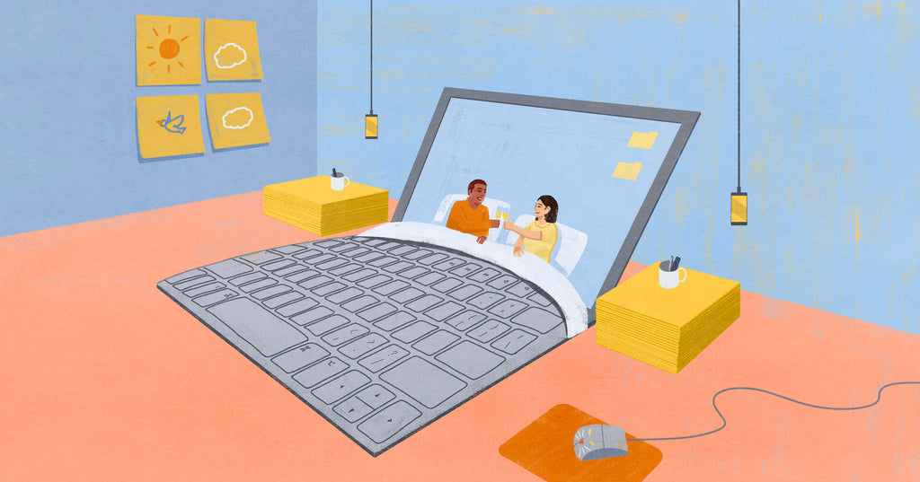 Illustration of a couple in a bed, that is actually a laptop, the screen is the headboard and the key pad is the bed and blanket. They are toasting a glass of champagne. The side tables are post-it note pads, the lights are hanging iphones and there are post-it note artworks on the walls. This is a metaphor for couples who are life and business partners.