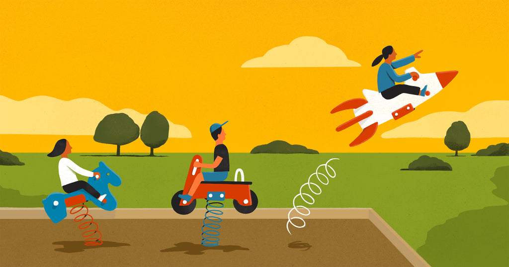 Illustration of children riding playground toys. A kid riding a rocket ship toy blasts into the air.