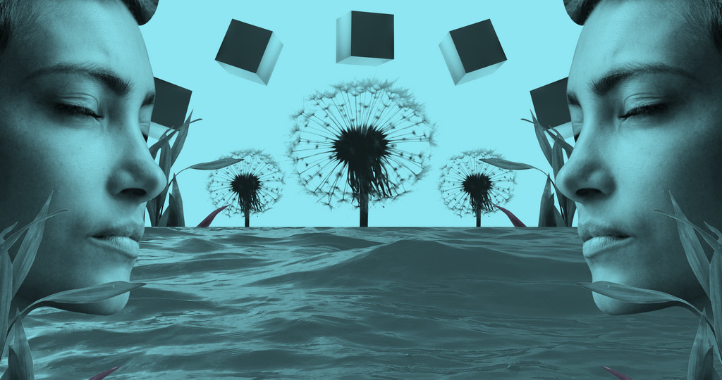 Two mirrored faces look toward the center of the image. Books and dandelions dot the background above a pool of rippling water