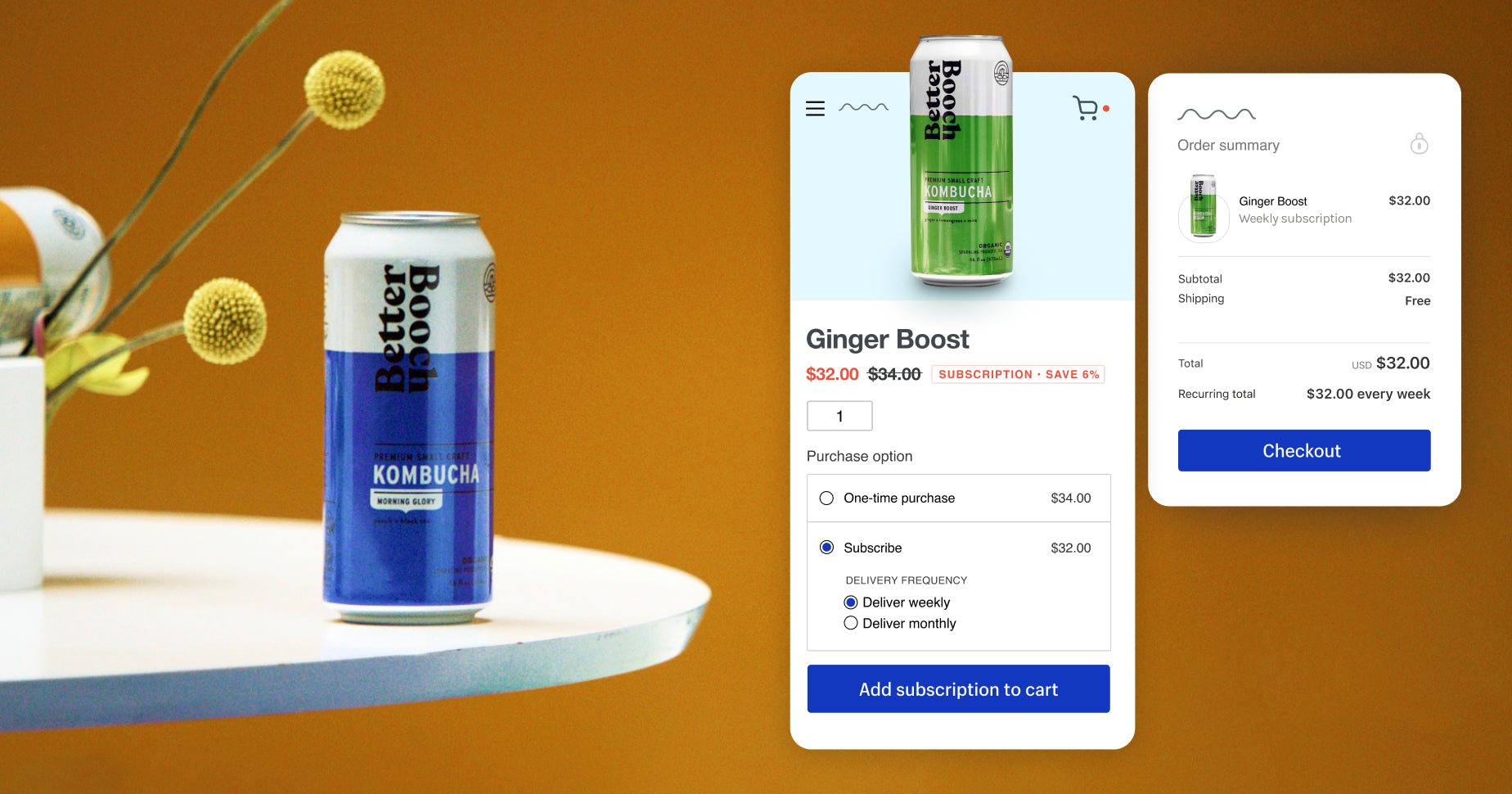 A blue and white can of Better Booch kombucha on a white table next to a product detail page and checkout page on a website.