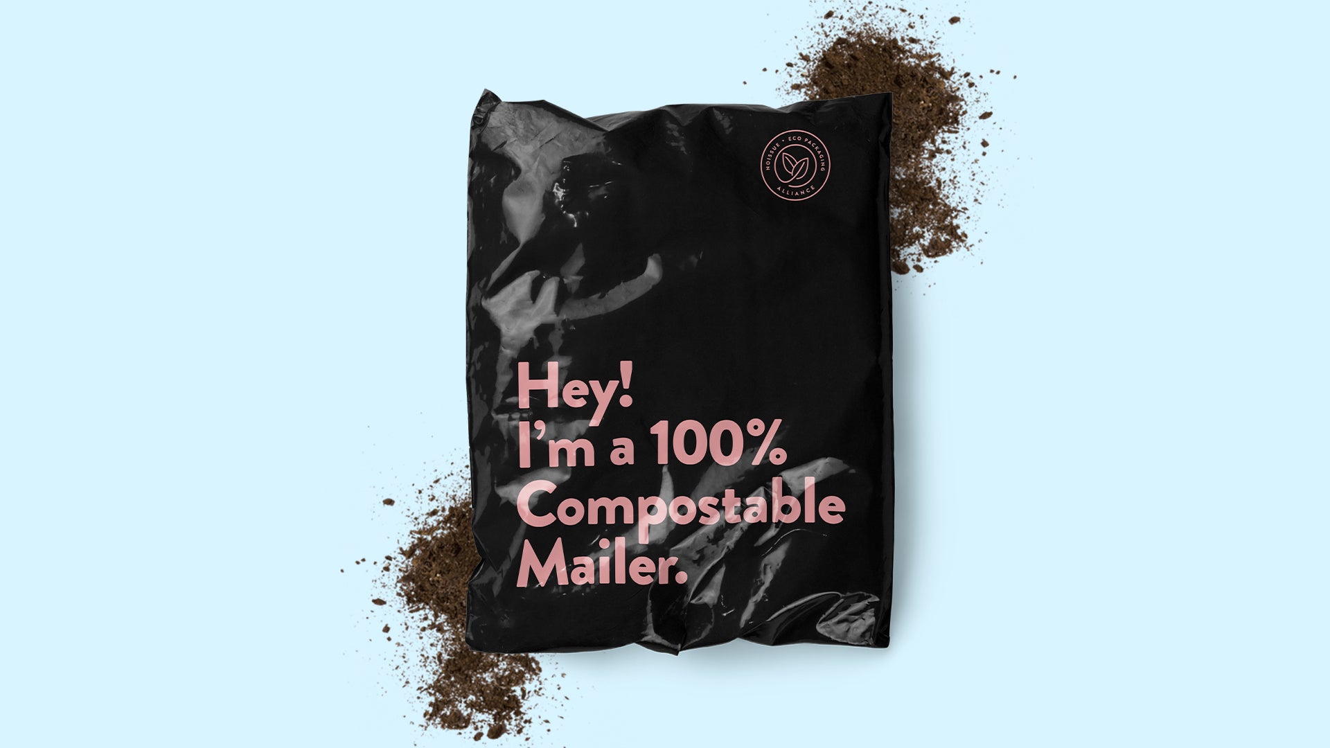 Black mailing envelope that reads "Hey! I'm a 100% compostable mailer" against a solid blue background
