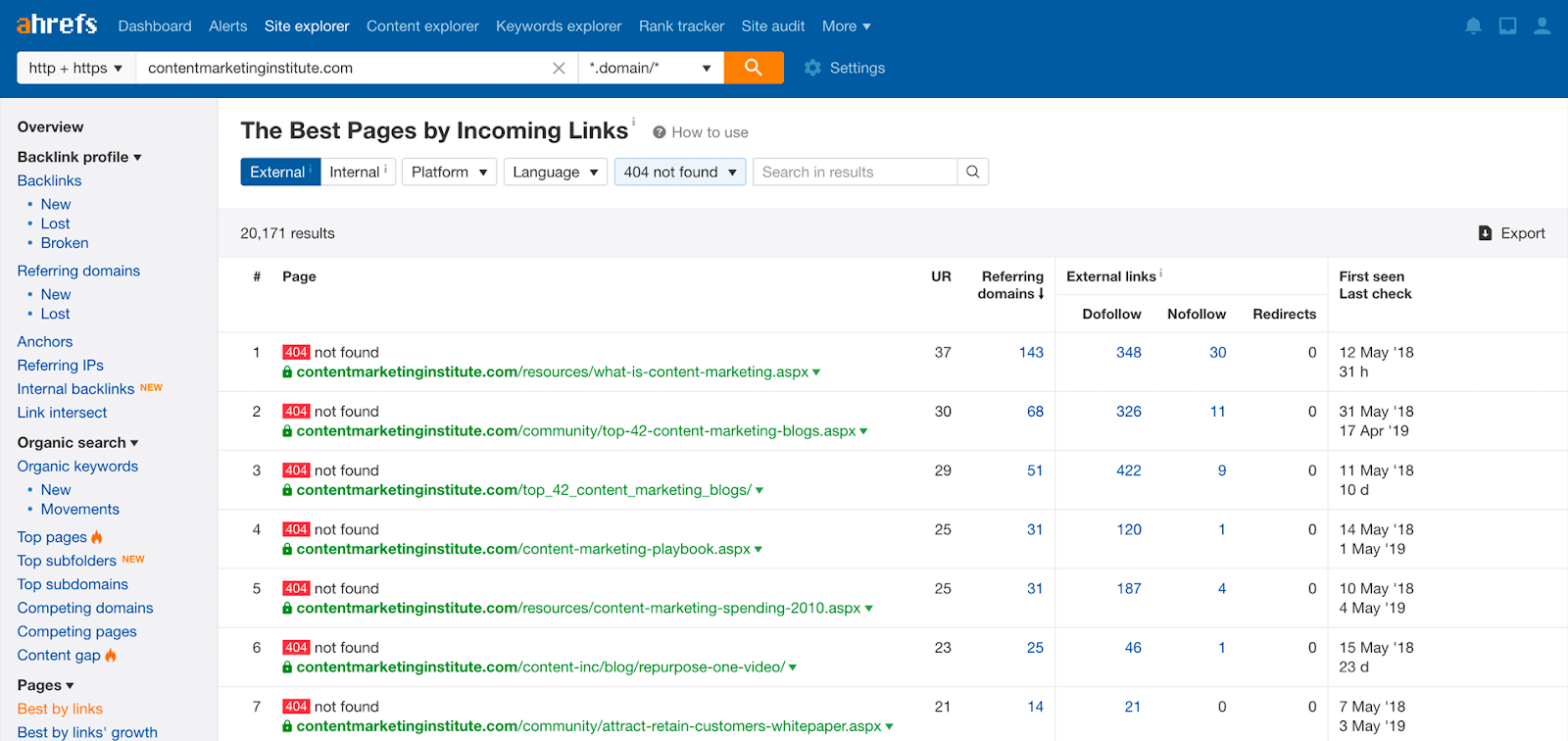 Ahrefs screenshot showing broken links on a website.