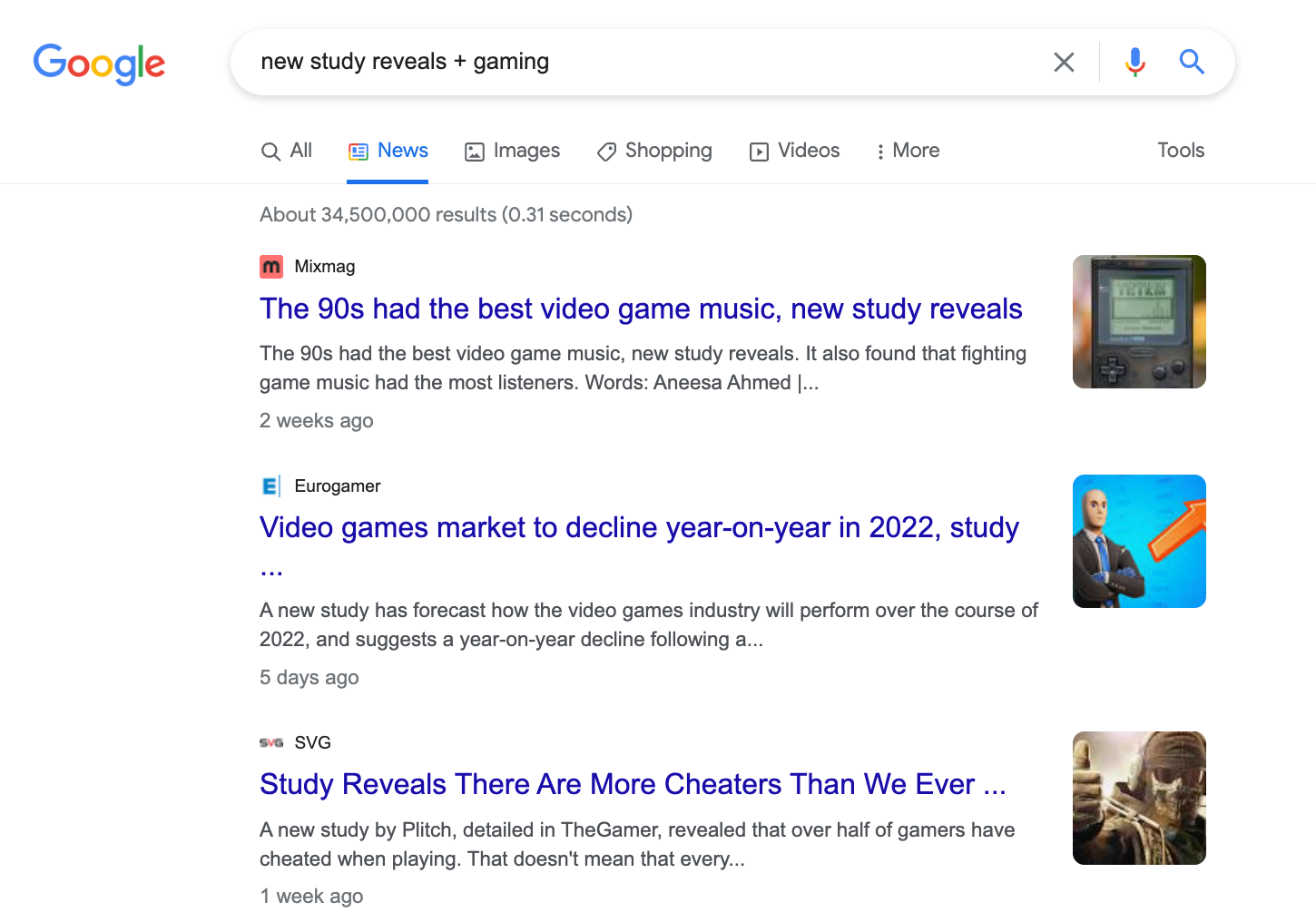 Screenshot of Google News results for “gaming statistics.”
