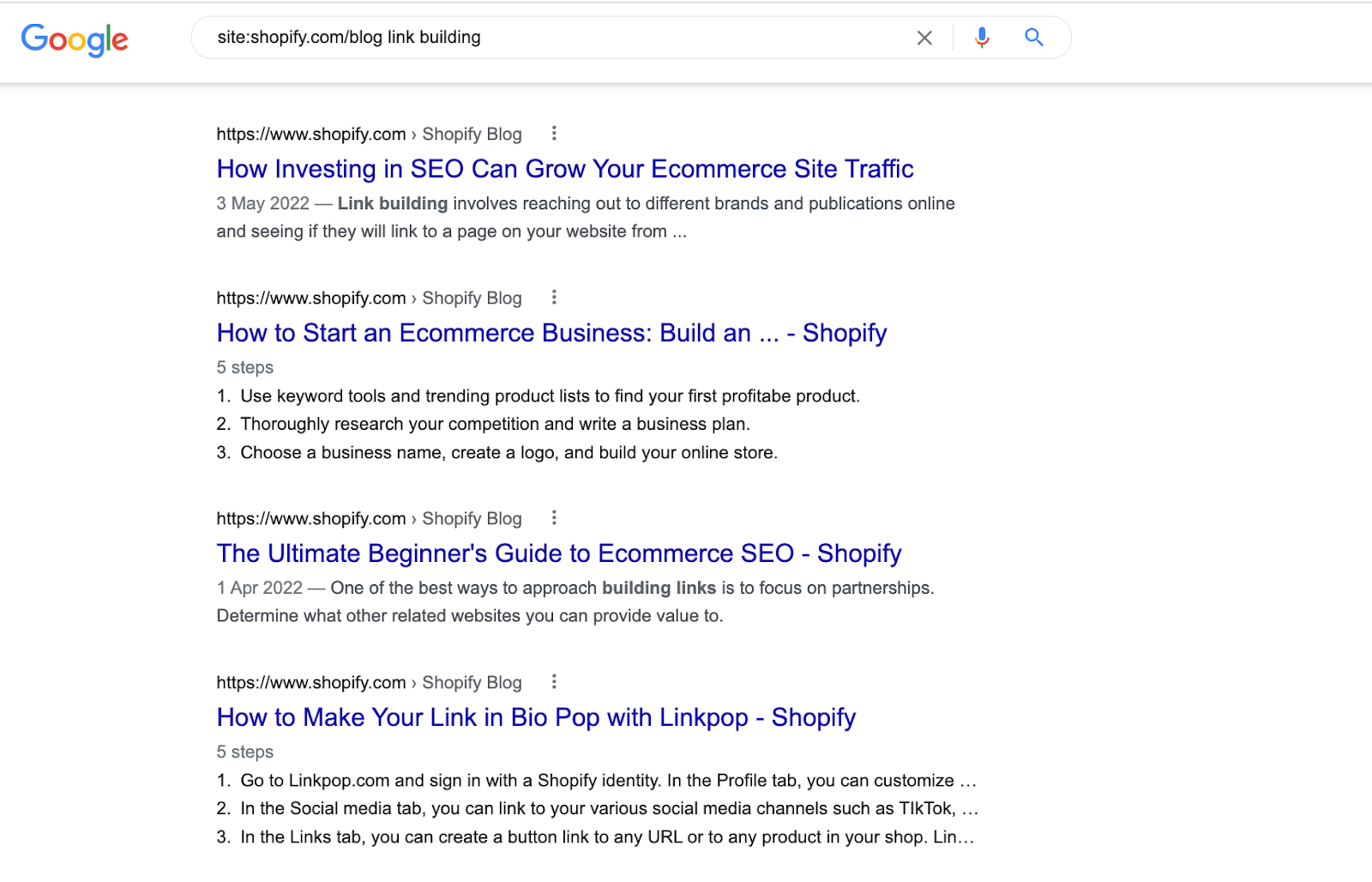 Google search results for “linkbuilding” on the Shopify blog.