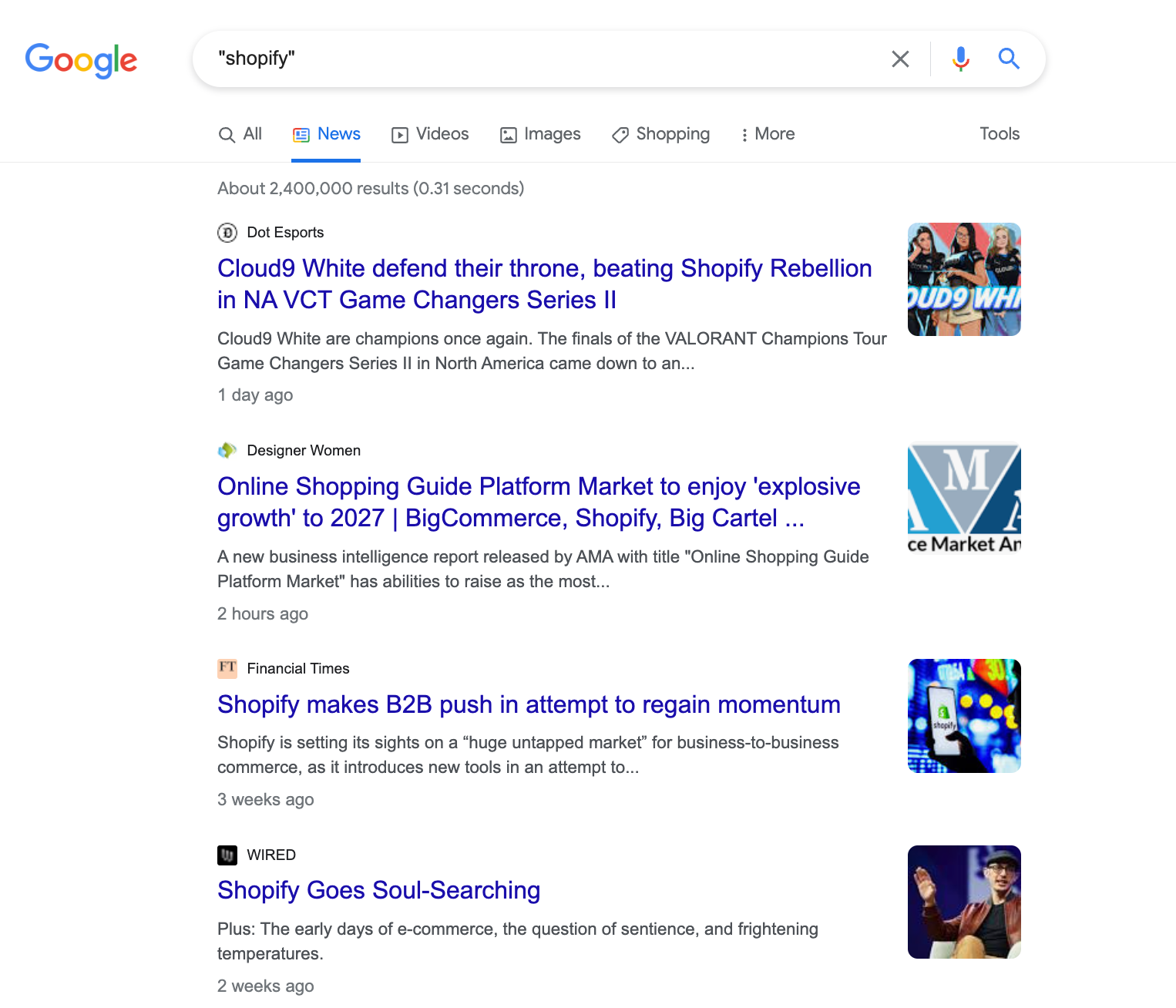 Google search results for “Shopify.”