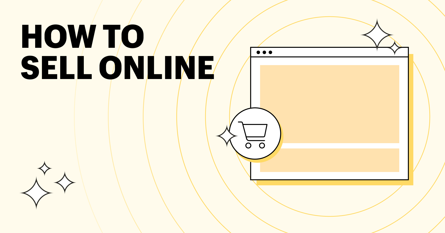 Graphic of a web page outline in a browser with a shopping cart icon. To the left reads the text "How to Sell Online"