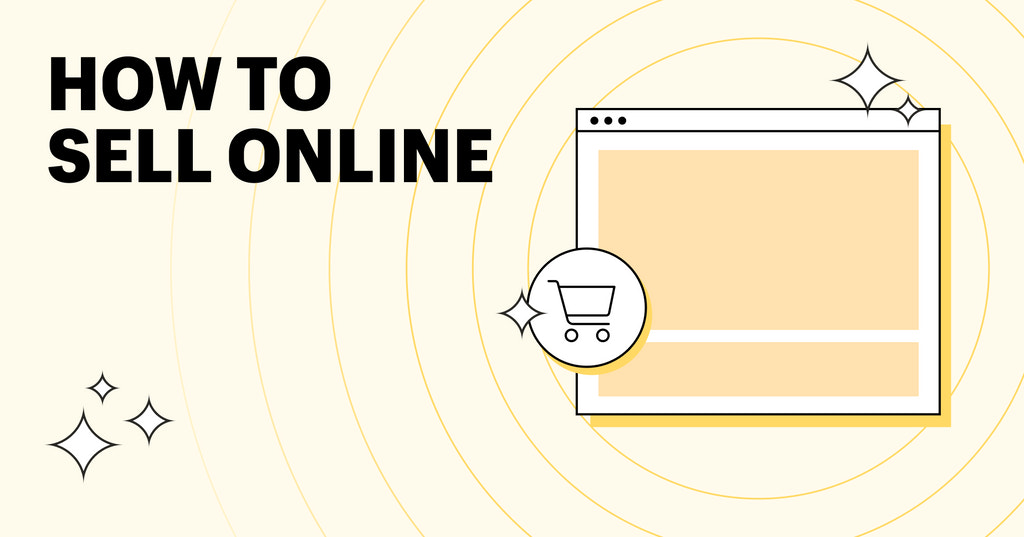 图形的网页大纲在一个浏览器与购物车图标。左边是“如何在线销售”的文字。