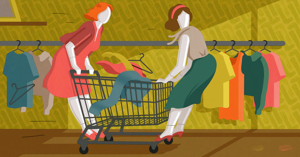 Illustration depicting mannequins wearing vintage clothes taking a joy ride in a store on a shopping cart