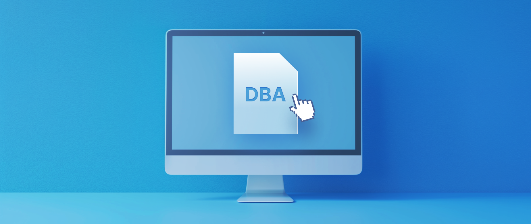 A monitor screen with a paper icon with DBA selected with a cursor on a blue background.