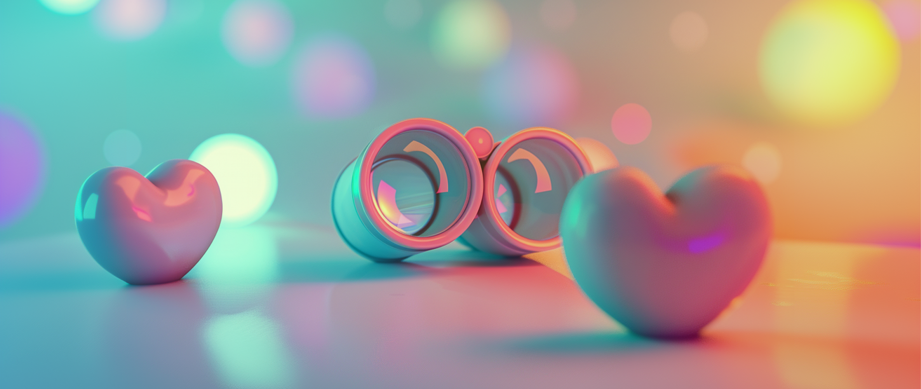 Hearts and binoculars on a colorful display with lights.