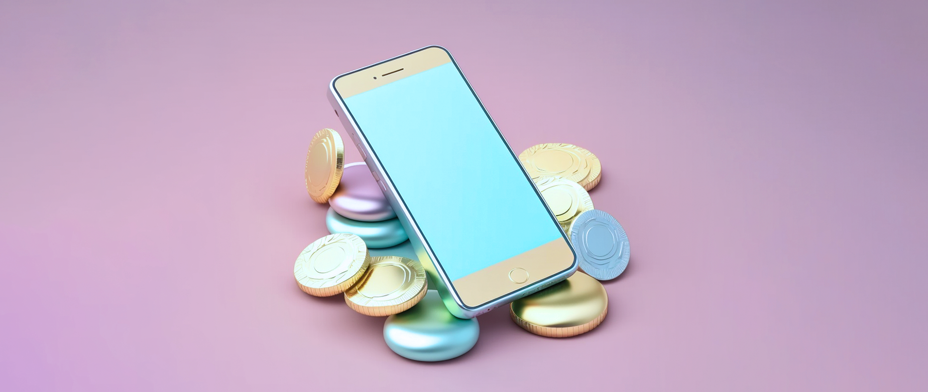 Illustration of a mobile phone laying on top of money and coins