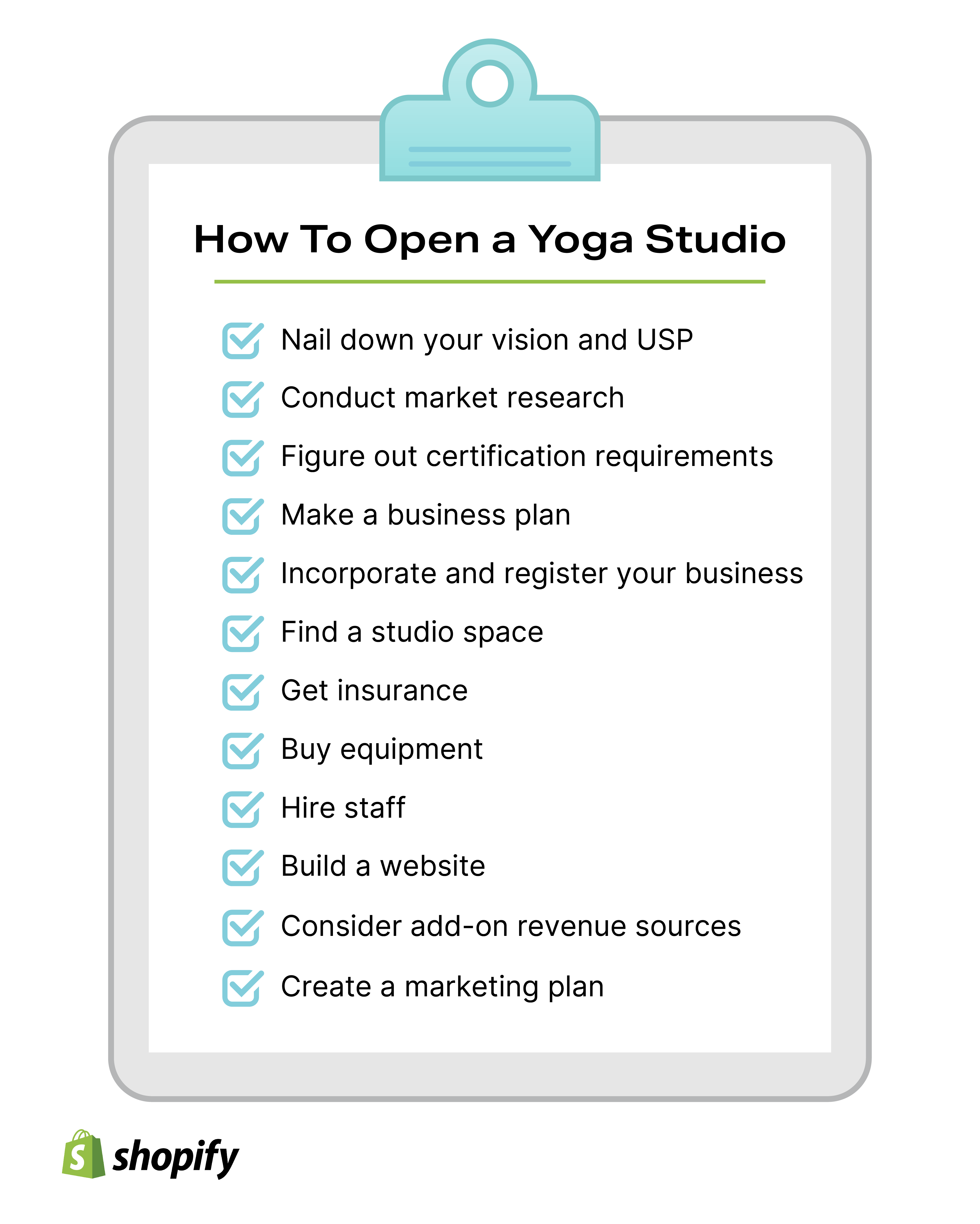 Illustrated clipboard showing the steps to open a yoga studio.