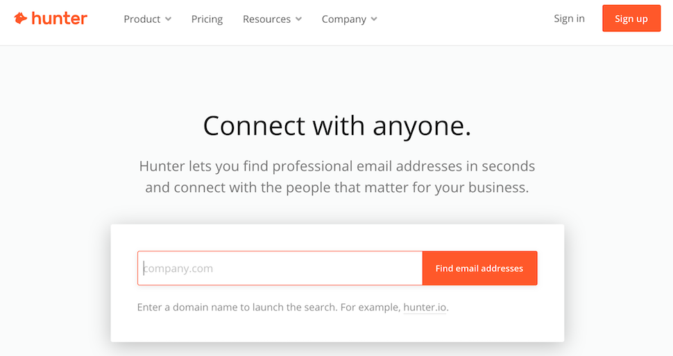 Hunter website homepage, which can help find contact info for the person who owns the domain name
