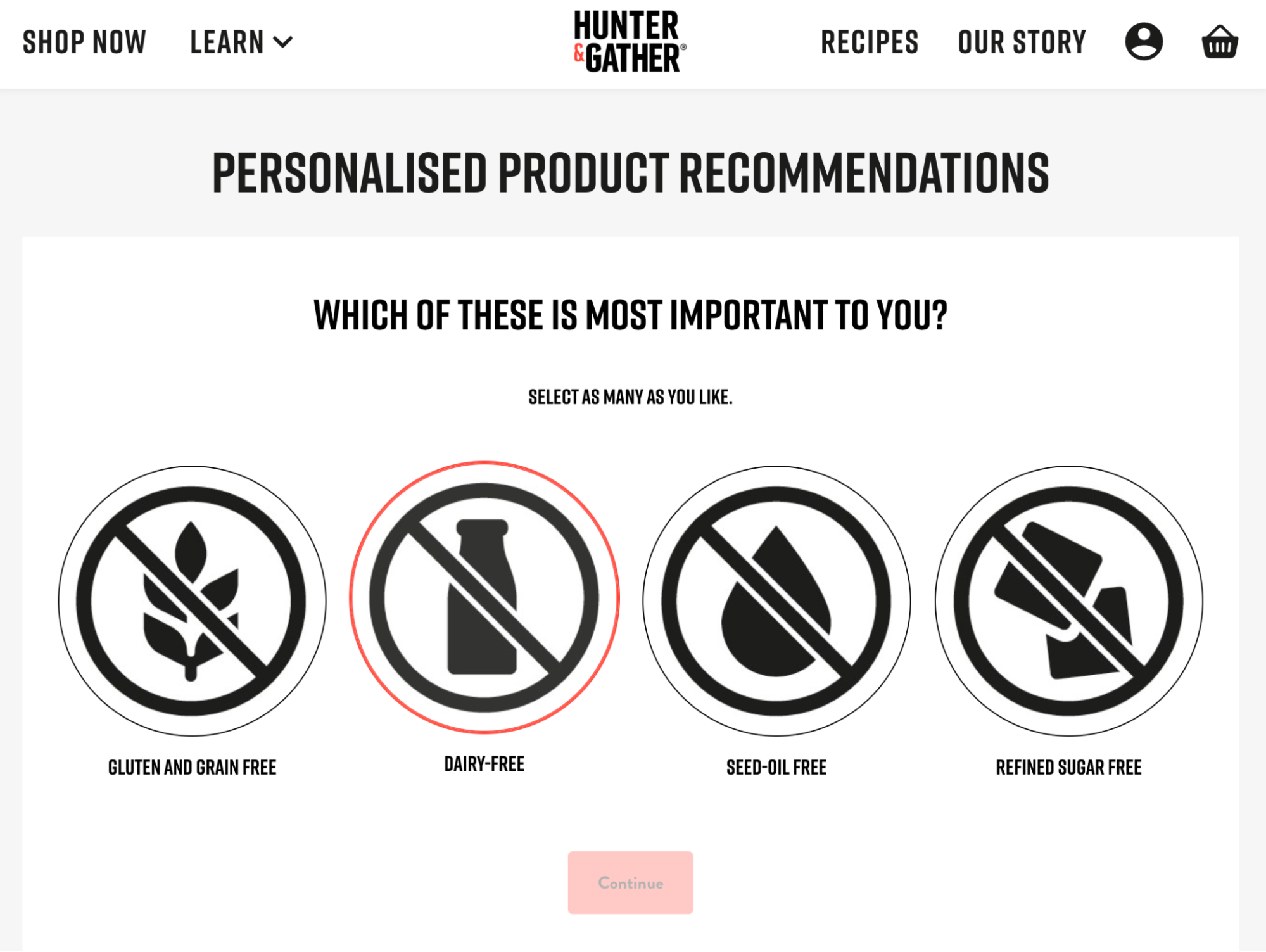 Personalized product recommendation quiz that asks people which of the following is most important: gluten and grain free, dairy free, seed-oil free, or refined sugar free.