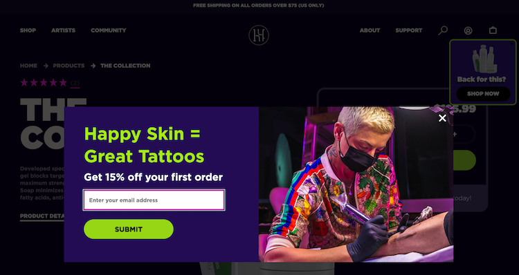 Purple and green pop-up box containing a woman giving a tattoo. Text says “Get 15% off your first order” above an email address text box.