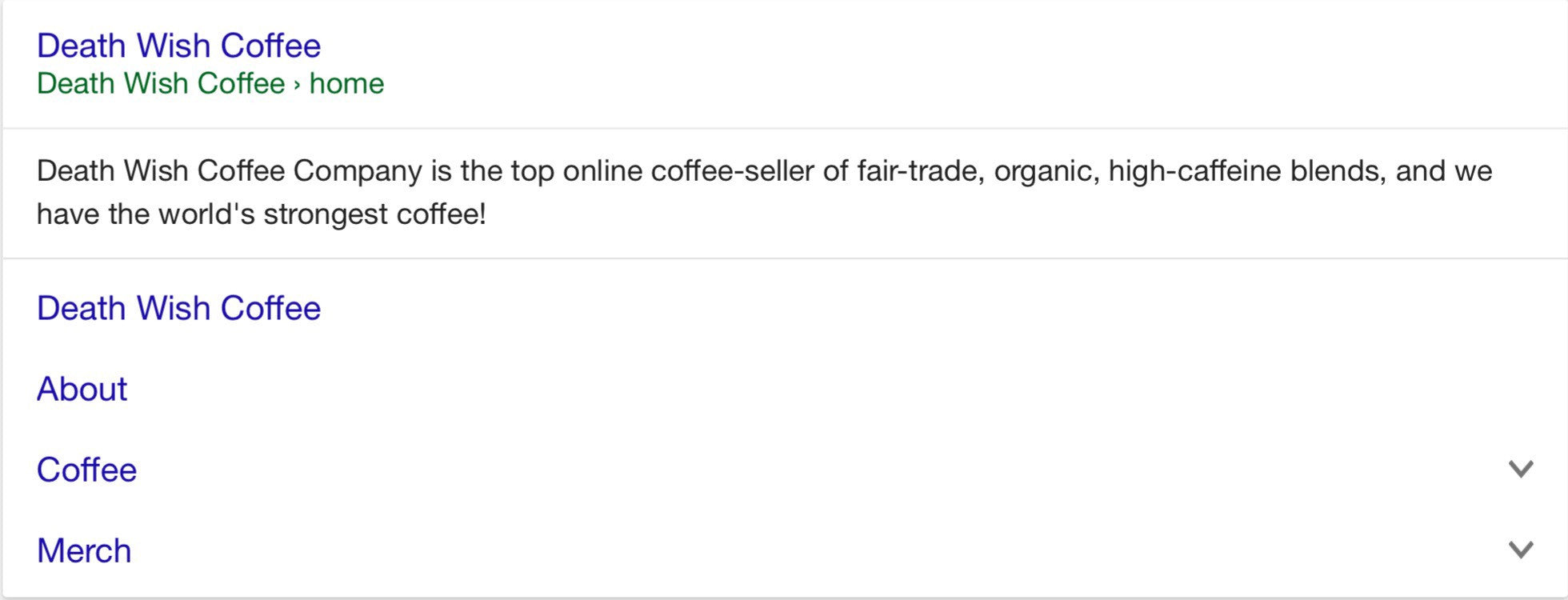 Screenshot meta description di Death Wish Coffee