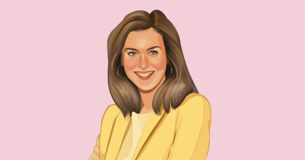 玩具公司Lux Blox的创始人希瑟·阿塞拉(Heather Acerra)的肖像插图，她穿着粉红色背景下的黄色西装外套。