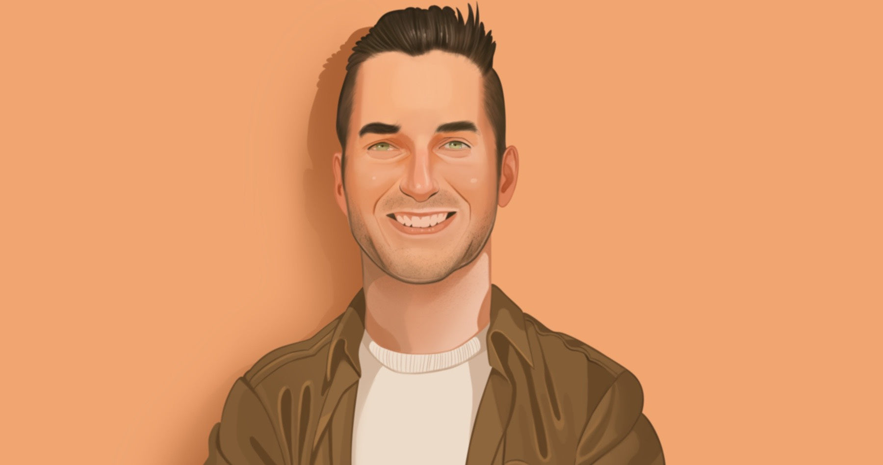 Portrait illustration of Chase Fisher, founder of Blenders Eyewear, standing against a pale orange background, wearing a brown jacket opened up with a tan t shirt underneath.