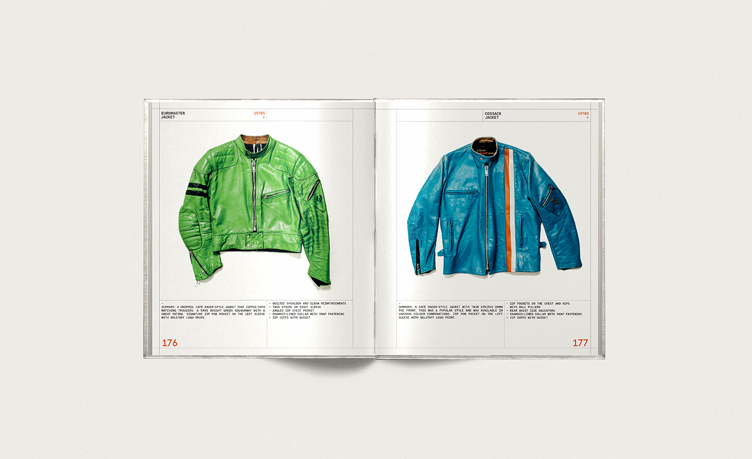 The Belstaff: Our First 100 Years book flipped open to two pages with a green and blue vintage motorcycle jacket