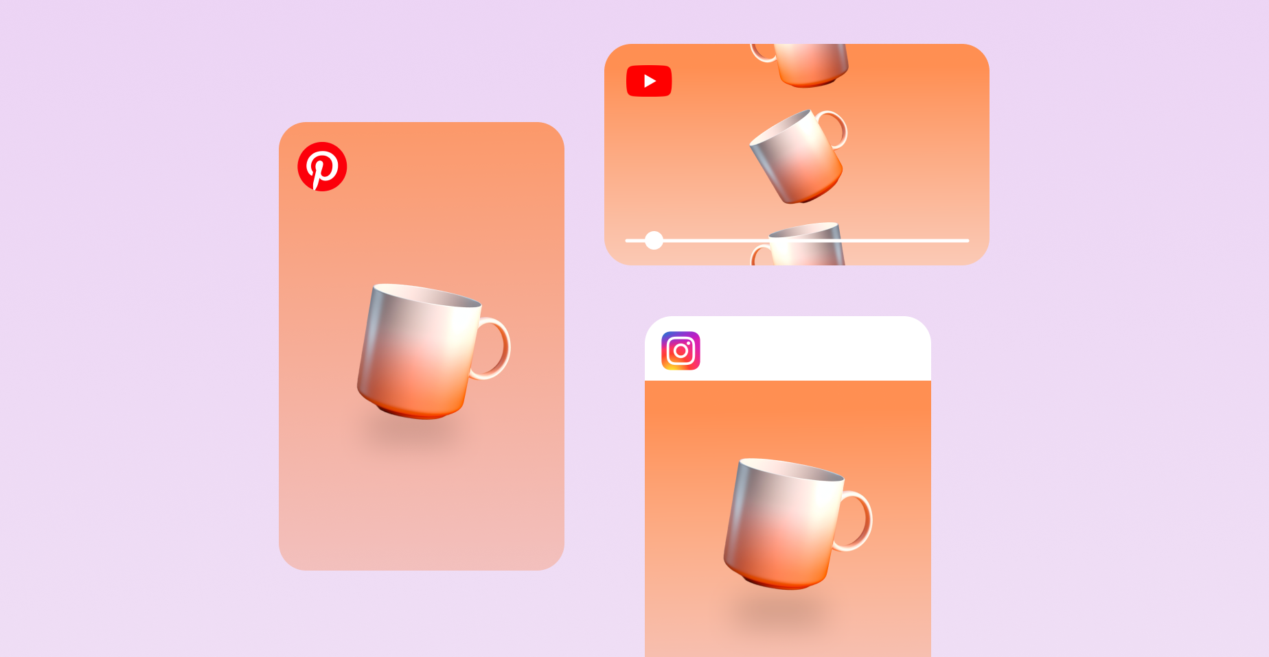 An image of a mug from a seller's website being sold via sales channel integrations on Shopify to various social media websites, including YouTube, Pinterest and Instagram.