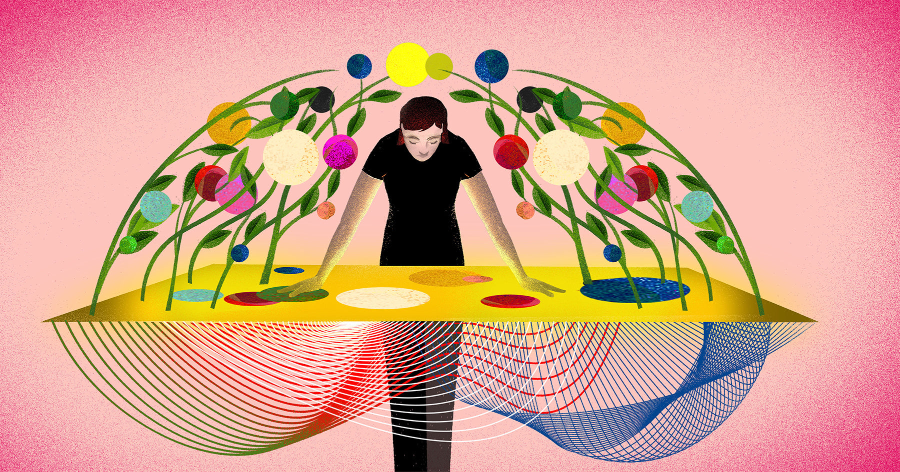 Illustration representing the creator economy: a person leans over a table while colourful shapes grow around them