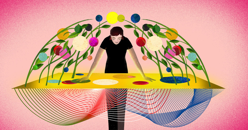 描绘创作者经济的插图:一个人靠在桌子上，周围生长着五颜六色的形状