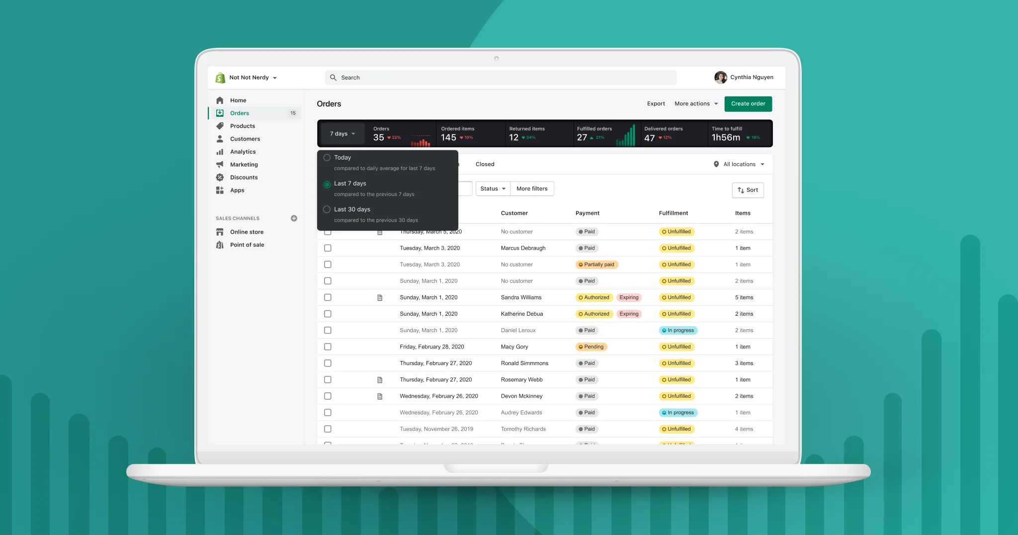 Order management analytics reports shown on a laptop