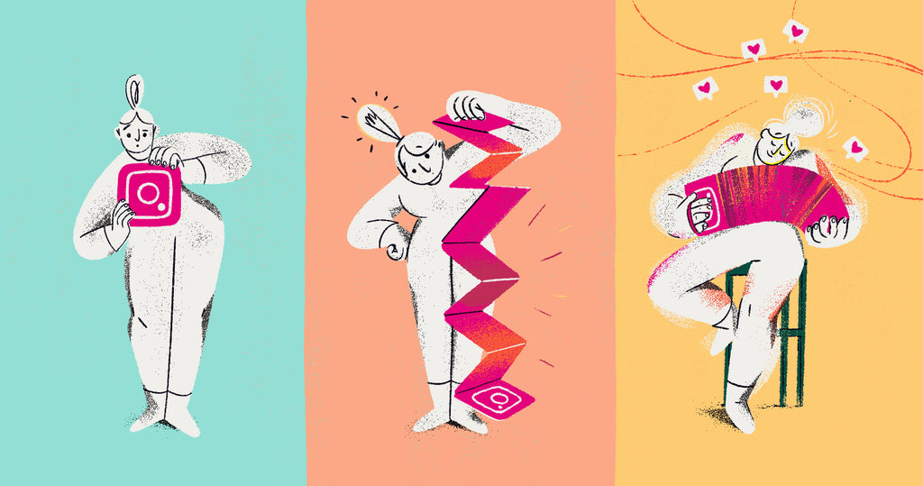 三个角色与Instagram标志互动的插图，作为一个比喻，如何让Instagram为你和你的业务工作。