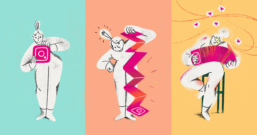Trois panneaux montrant une personne interagissant avec des représentations physiques d'éléments d'Instagram.