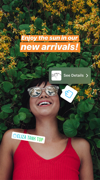 Shoppable instagram stories idea showing a woman smiling wearing sunglasses