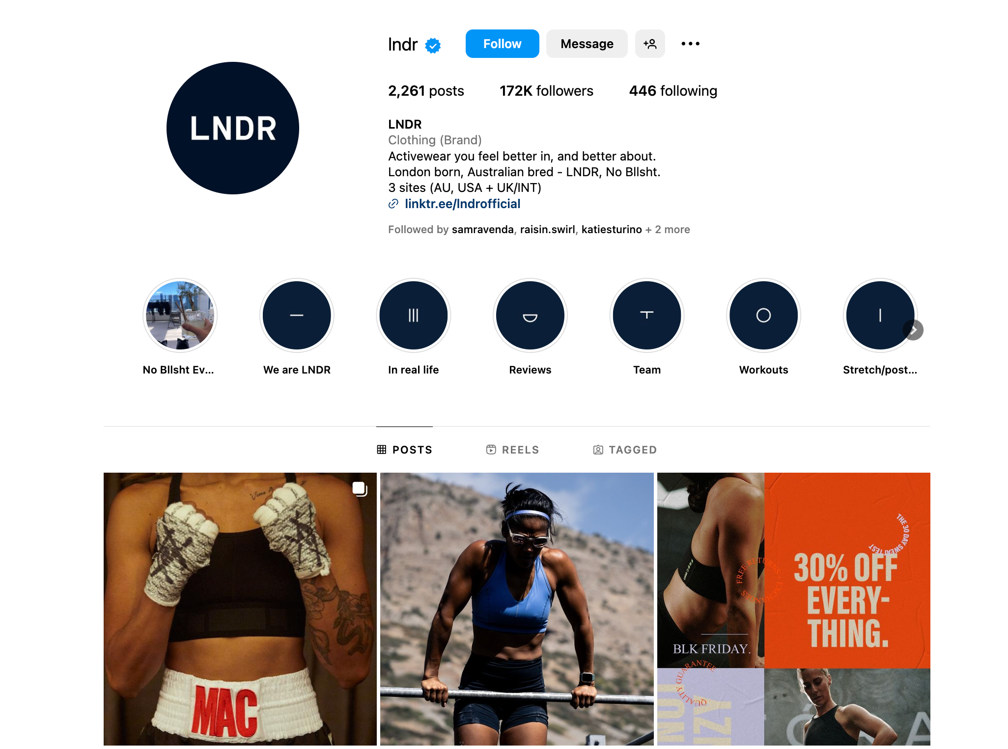 Desktop view of an Instagram profile by LNDR