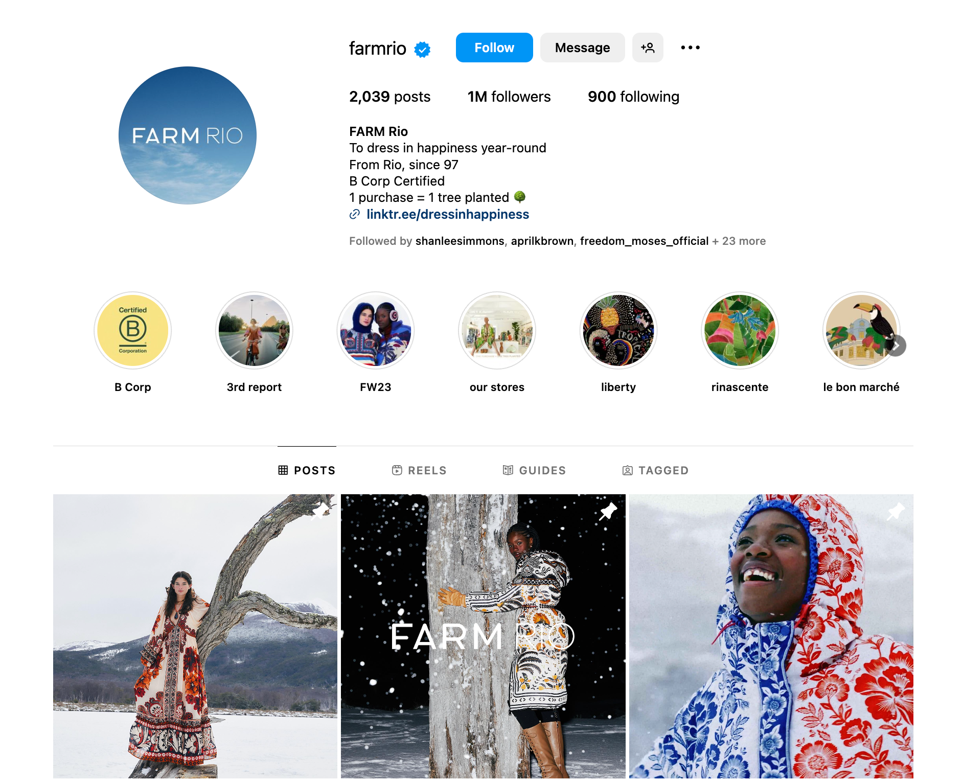 Desktop view of an Instagram profile by Farm Rio