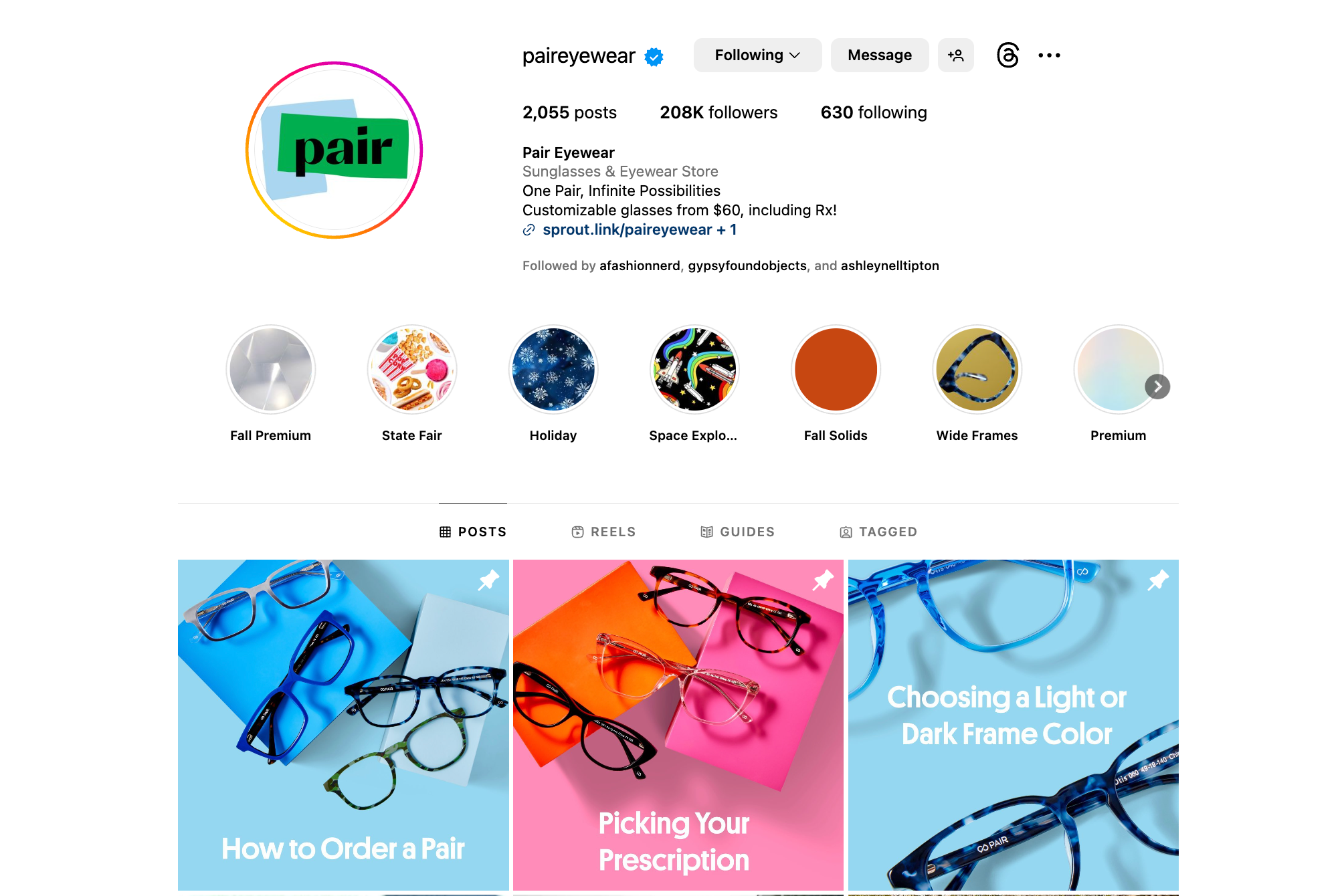 Desktop view of an Instagram profile by Pair Eyewear