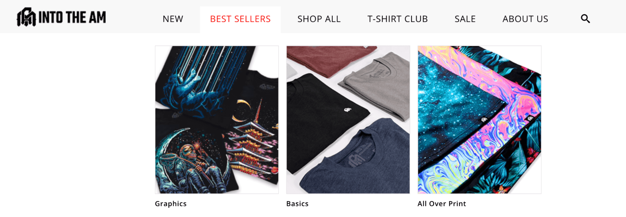 Navigation bar showcasing bestselling graphics, basics, and all over prints as subcategories beneath the main bestseller tab. 