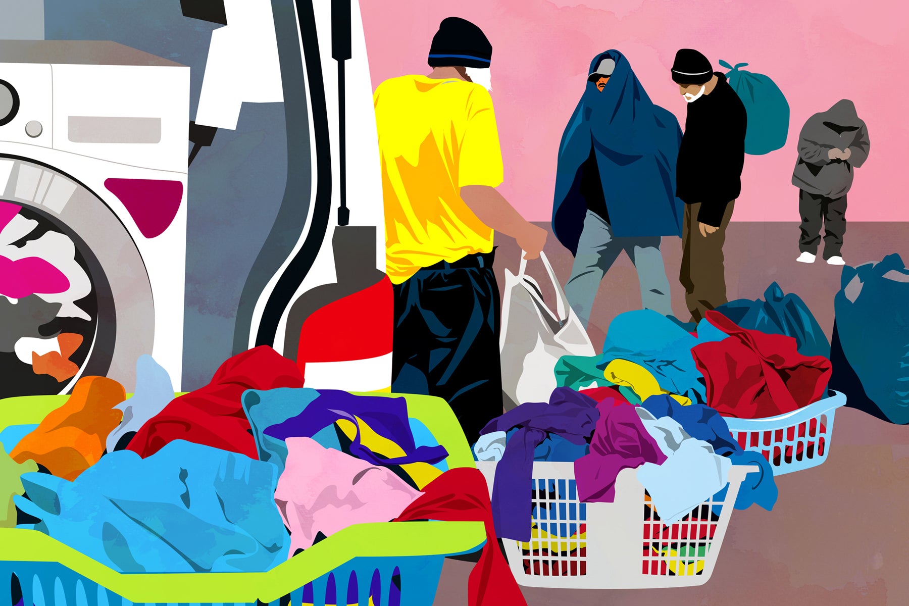 Illustration of homeless men with overflowing baskets of laundry next to the Ithaca Laundry van.