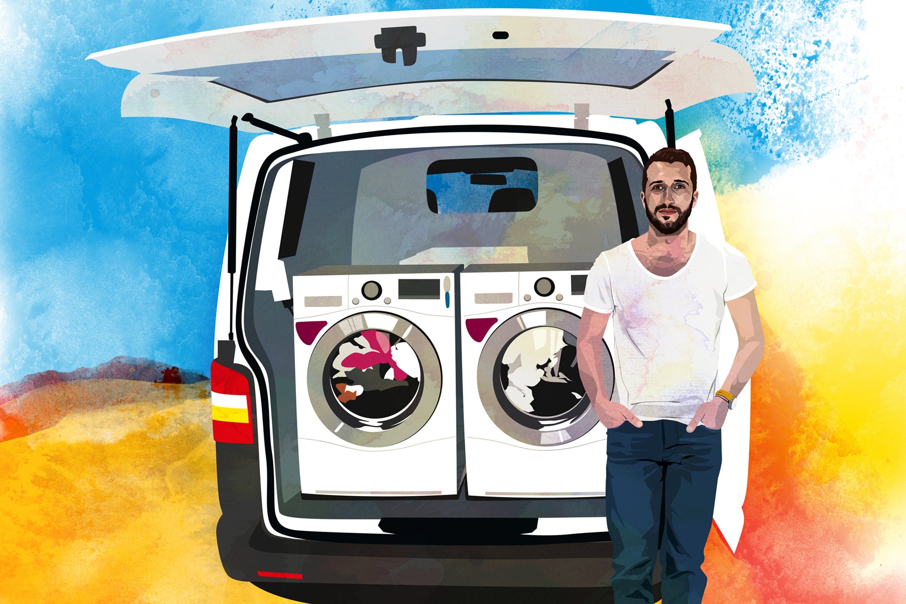 Illustration of Thanos Spiliopoulos, founder and CEO of Ithaca Laundry, standing in front of a van with two washing machines inside.