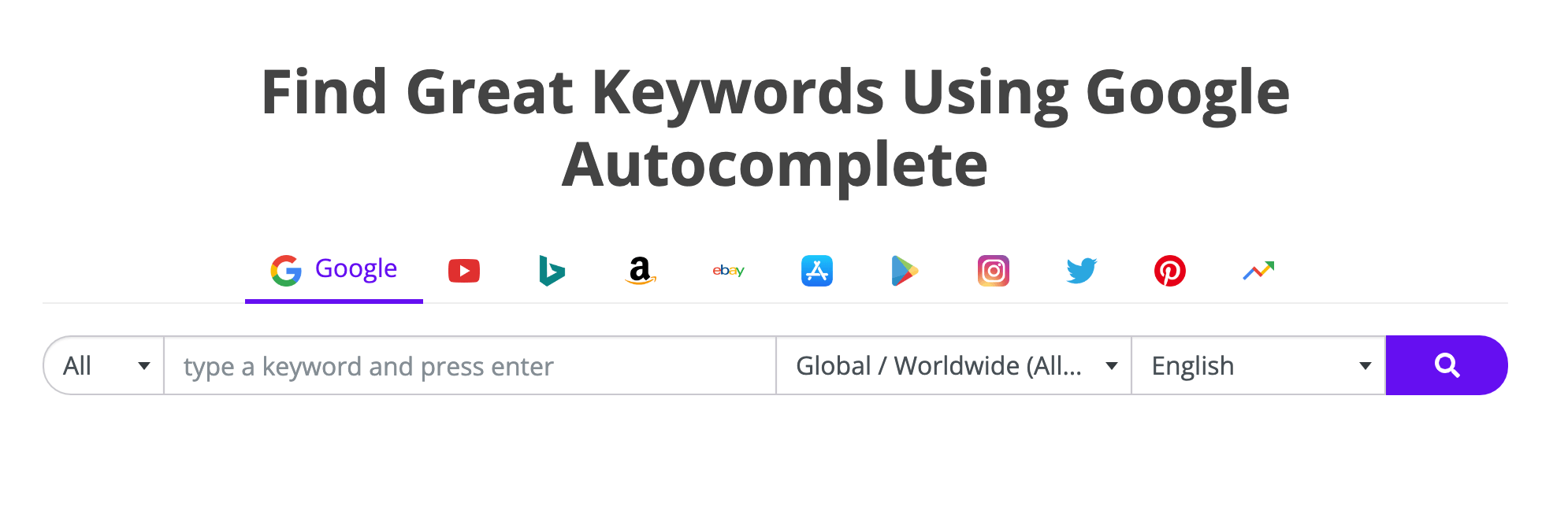The homepage for Keyword Tool features a simple white background