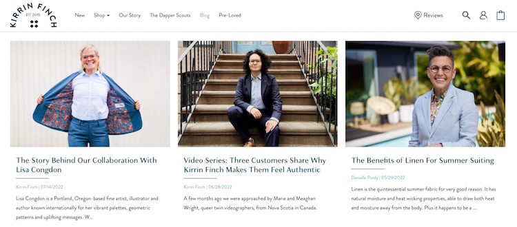 Kirrin Finch blog homepage with three recently published posts and hero images of highlighted women