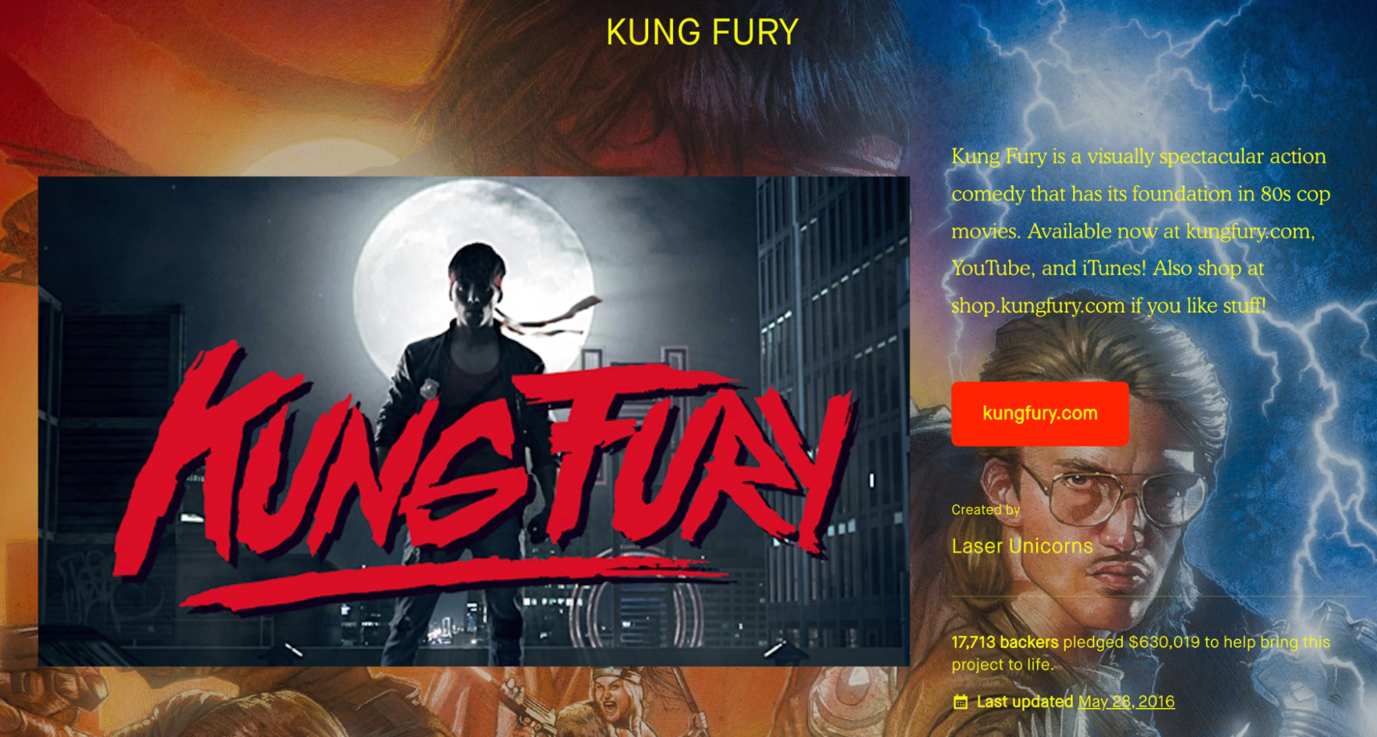 The homepage for the Kung Fury crowdfunding campaign
