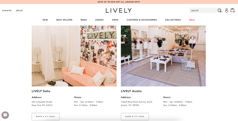 LIVELY website showing images of retail store locations in Soho and Austin