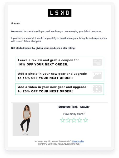 Email from LSKD offering shoppers several incentives if they leave a review.