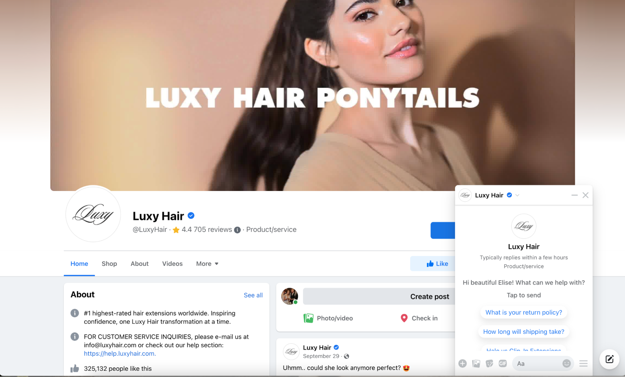 Luxy Hair 的 Facebook 页面上有一个带有以下提示的小弹出框：“你们的退货政策是什么？”  和“运送需要多长时间？”