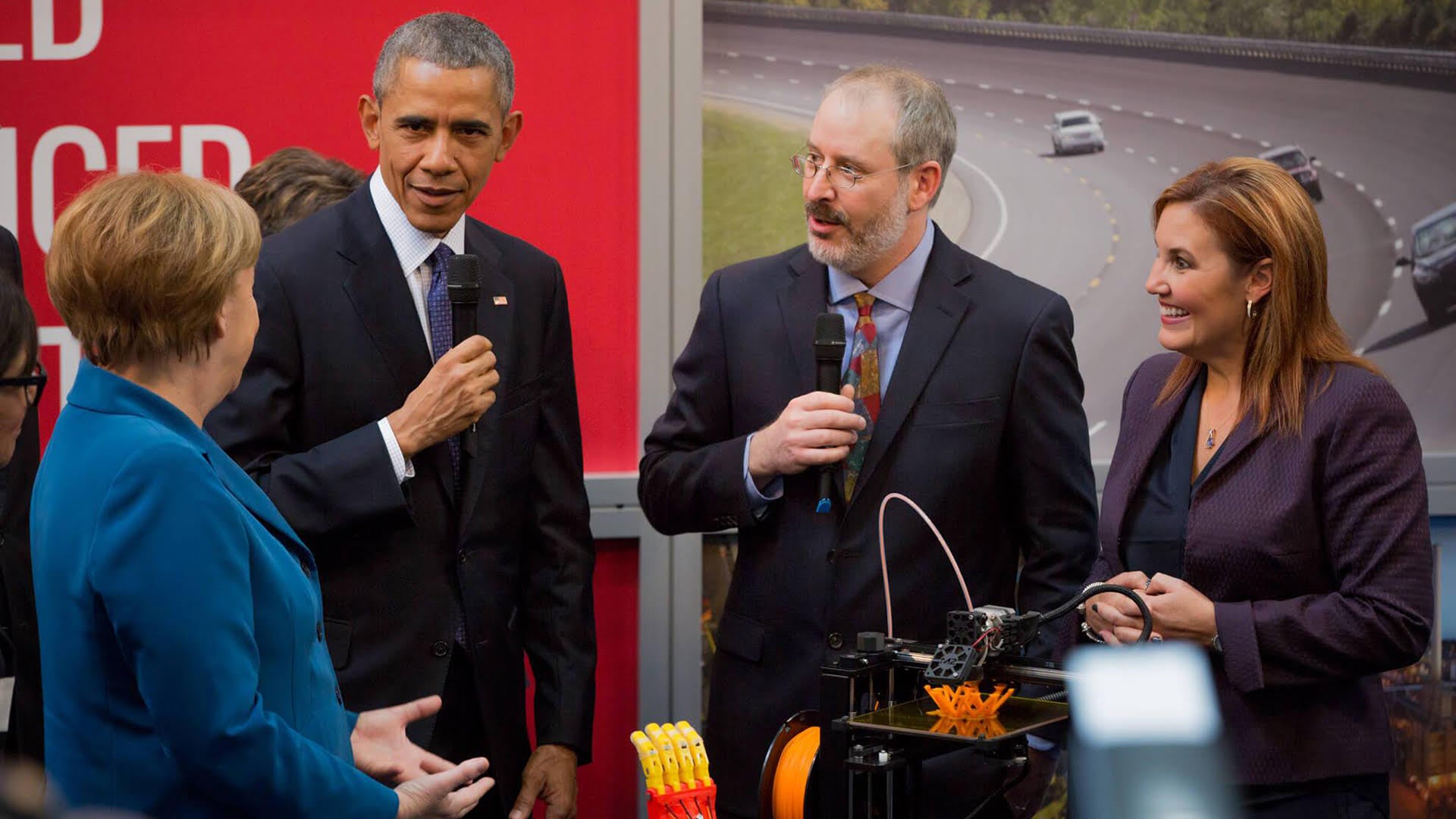 From left to right, German Chancellor Angela Merkel, U.S. President Barack Obama, Rick Pollack, and Ohio Lieutenant Governor Mary Taylor met in 2016 to talk about manufacturing. 
