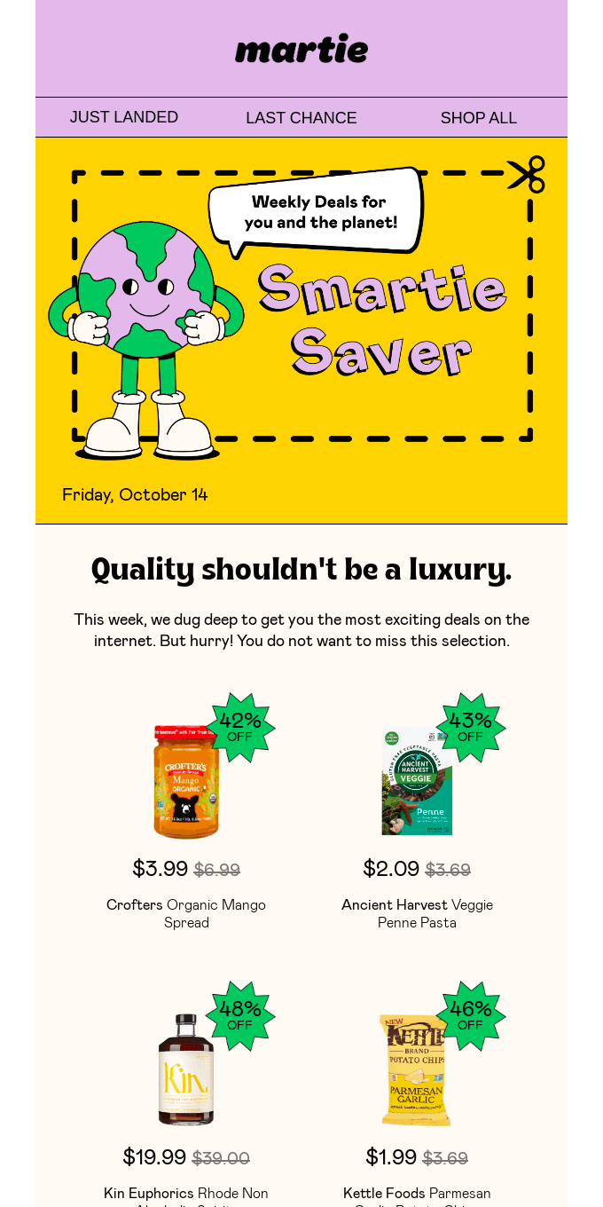 带有全球卡通人物的电子邮件显示本周最优惠的价格，包括芒果酱和素食通心粉。