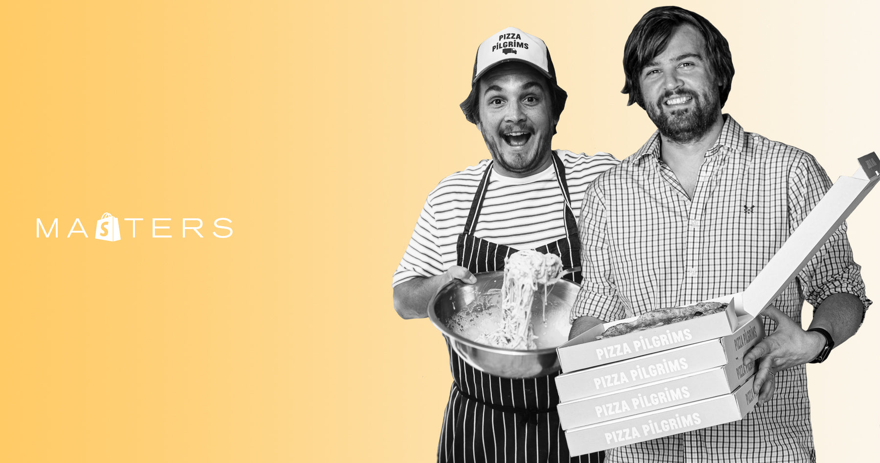 Founders of Pizza Pilgrims, James and Thom Elliot. James holding a bowl of cheese while Thom holds a pizza box. 