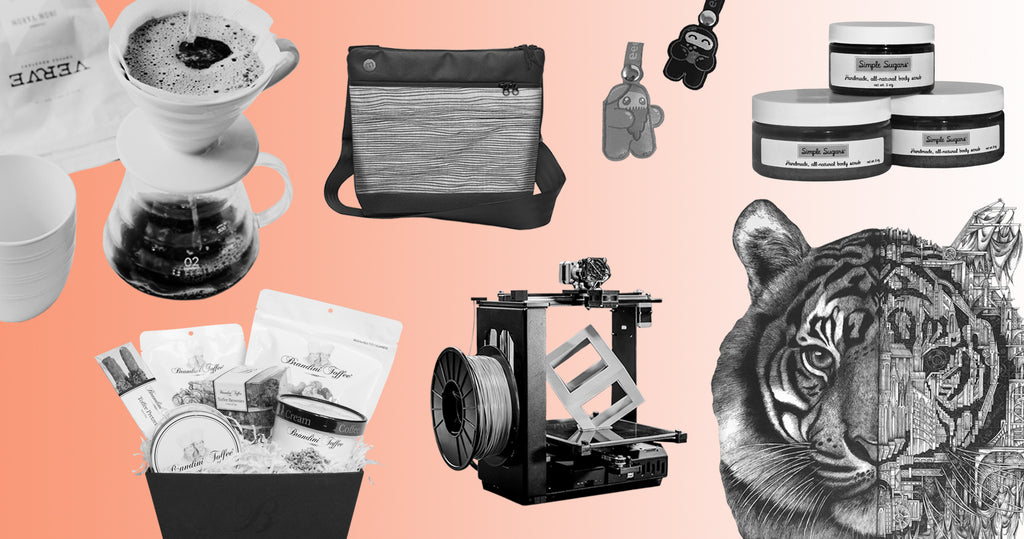 咖啡、包、零食、3D打印机、钥匙链、护肤品和绘画的拼贴画，代表了Shopify上最早的一些商家。